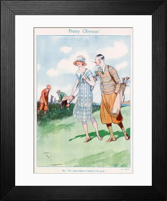 Framed Print : He: I'm a great believer in keeping to the pretty'. Illustration showing a gentleman escorting an attractive lady golfer around a golf course. Date: 1926 Framed Print : He: I'm a great believer in keeping to the pretty'. Illustration showing a gentleman escorting an attractive lady golfer around a golf course. Date: 1926