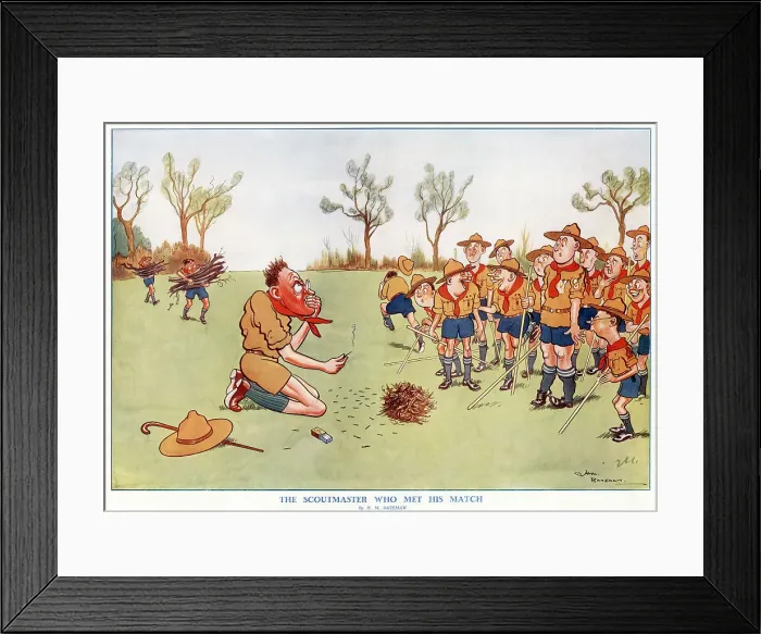 Framed Print : Humorous colour illustration by H.M. Bateman showing an embarrassed Scoutmaster who, during a fire-lighting demonstration, has failed to light the last match in his box. Date: 1934 Framed Print : Humorous colour illustration by H.M. Bateman showing an embarrassed Scoutmaster who, during a fire-lighting demonstration, has failed to light the last match in his box. Date: 1934