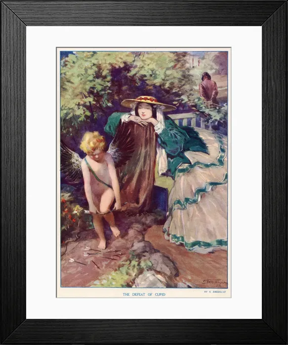 Framed Print : This picture shows a scene of a frustrated cupid after a woman has seemingly rejected the advances of a man, who is walking away in the background. Date: 1926