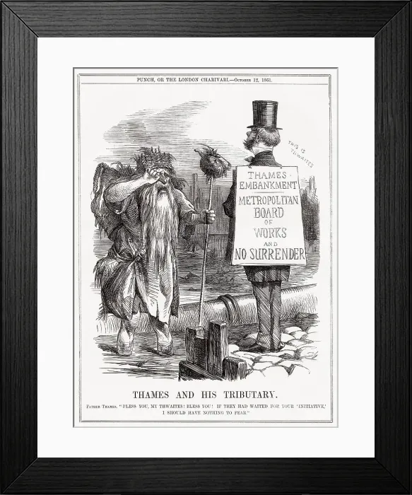 Framed Print : John Thwaites, chairman of the Metropolitan Board of Works, face to face with Father Thames, to improve the River Thames, Embankment Londons sewerage system. Date: 1861 Framed Print : John Thwaites, chairman of the Metropolitan Board of Works, face to face with Father Thames, to improve the River Thames, Embankment Londons sewerage system. Date: 1861