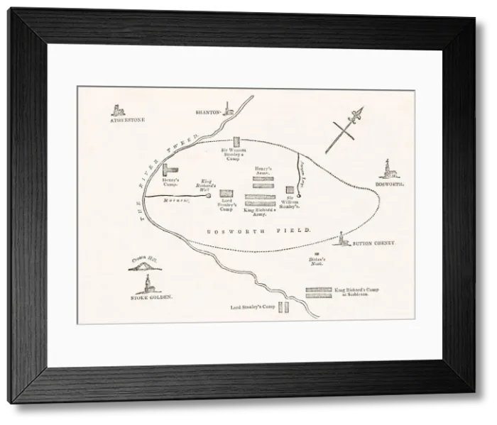 Framed Print : Map of Bosworth Field, Leicestershire, showing the positions of the opposing armies of King Richard III and Henry Tudor in the Battle of Bosworth (22 August 1485). Date: 1485 Framed Print : Map of Bosworth Field, Leicestershire, showing the positions of the opposing armies of King Richard III and Henry Tudor in the Battle of Bosworth (22 August 1485). Date: 1485