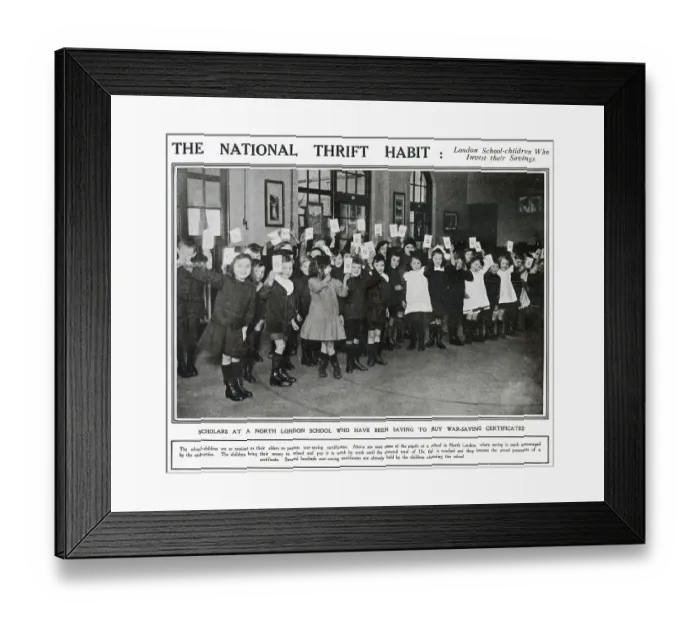 Framed Print : Photograph of children in a North London school holding up their National war-savings certificates. The children bring their money in week by week until the coveted total of 15s Date: 1917 Framed Print : Photograph of children in a North London school holding up their National war-savings certificates. The children bring their money in week by week until the coveted total of 15s Date: 1917