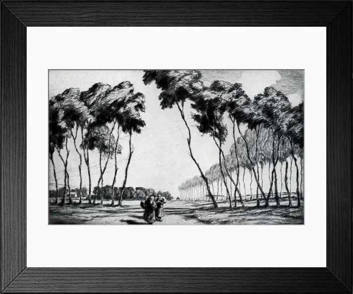 Framed Print : A Dry-point of two people travelling along Breton Road. Date: circa 1929 Framed Print : A Dry-point of two people travelling along Breton Road. Date: circa 1929
