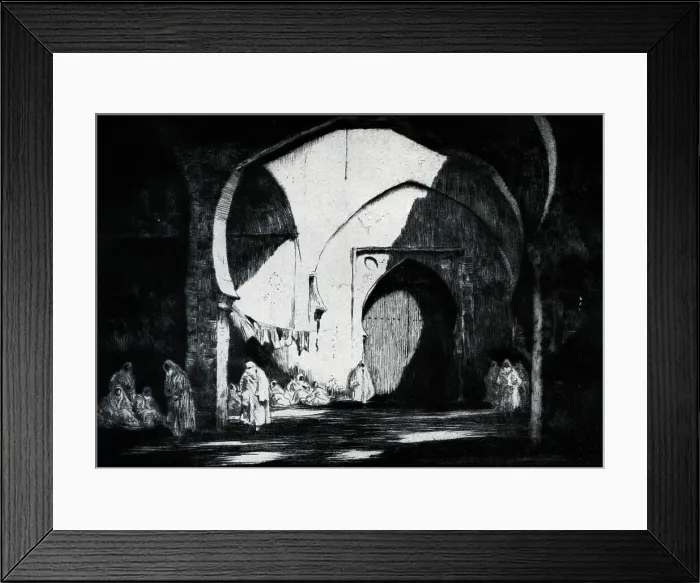 Framed Print : Dry-point of a market in Fez, or Fes, Morocco. Date: circa 1929 Framed Print : Dry-point of a market in Fez, or Fes, Morocco. Date: circa 1929