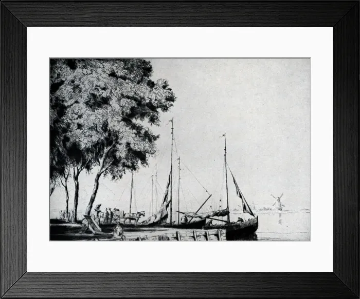 Framed Print : Drypoint of a Quay in Middelburg, Netherlands. Shows a horse drawn carriage approaching the docked ships. Date: circa 1929 Framed Print : Drypoint of a Quay in Middelburg, Netherlands. Shows a horse drawn carriage approaching the docked ships. Date: circa 1929