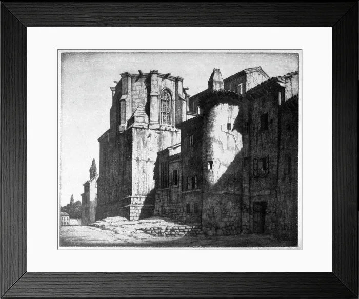Framed Print : An etching showing a group of old attached buildings. Date: circa 1926 Framed Print : An etching showing a group of old attached buildings. Date: circa 1926