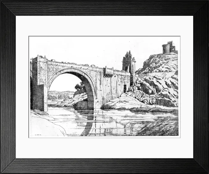 Framed Print : Etching of a bridge in Alcantara, Extramedura, Spain. Date: circa 1926 Framed Print : Etching of a bridge in Alcantara, Extramedura, Spain. Date: circa 1926