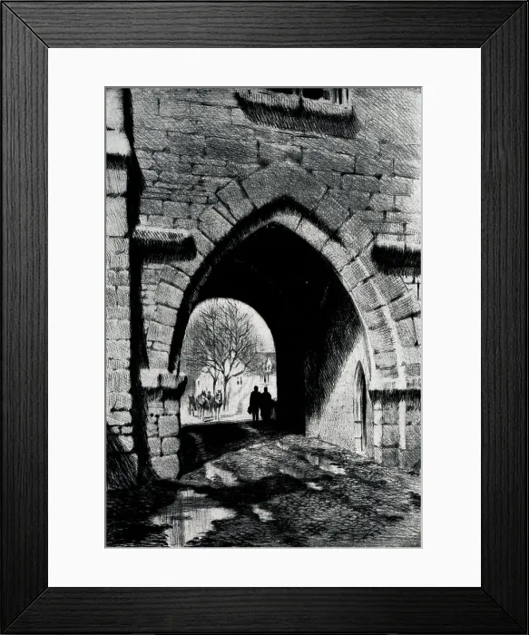 Framed Print : Etching of Rothenburg Gate in Dinklesbuhl, a historic town in central Franconia, Germany. Date: circa 1930 Framed Print : Etching of Rothenburg Gate in Dinklesbuhl, a historic town in central Franconia, Germany. Date: circa 1930