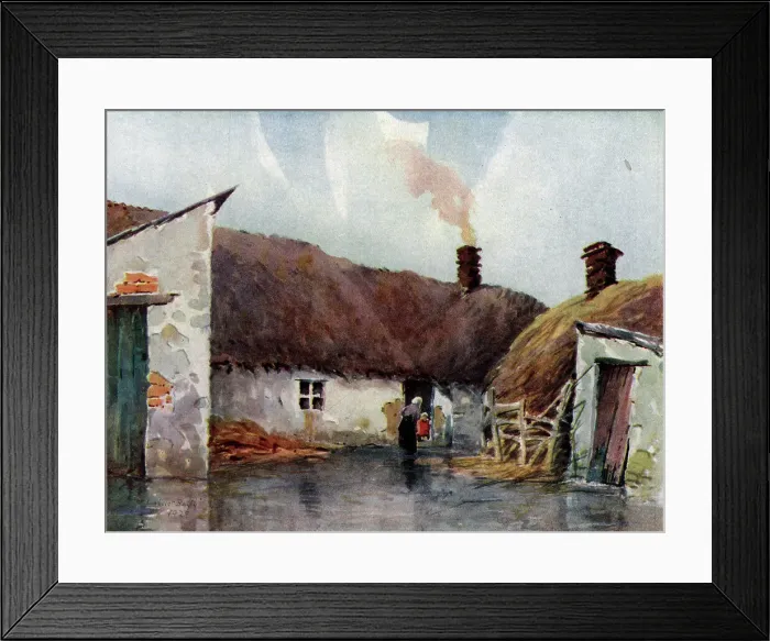 Framed Print : Watercolour painting of an old country cabin in Ireland, by the door there stands two childred and a woman. Date: circa 1930 Framed Print : Watercolour painting of an old country cabin in Ireland, by the door there stands two childred and a woman. Date: circa 1930