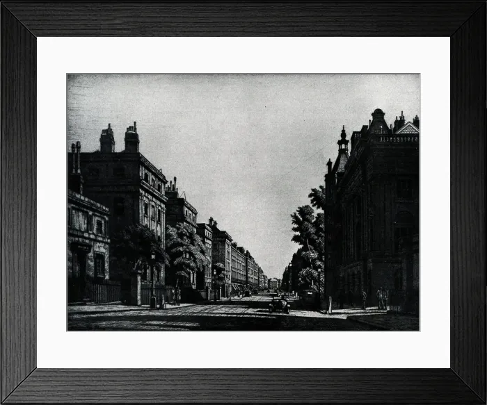 Framed Print : Etching of Harley Street, in Marylebone, Central London, the street is famed for being well populated in specialists of Medicine and surgery. Named after Thomas Harley, Lord Mayor of London in 1767. Date: circa 1930 Framed Print : Etching of Harley Street, in Marylebone, Central London, the street is famed for being well populated in specialists of Medicine and surgery. Named after Thomas Harley, Lord Mayor of London in 1767. Date: circa 1930