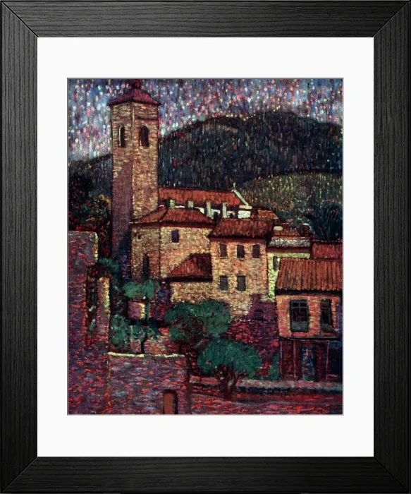 Framed Print : Oil painting of an unknown town, peaceful in nature, with a church and surrounding buildings of similar theme. Date: circa 1930 Framed Print : Oil painting of an unknown town, peaceful in nature, with a church and surrounding buildings of similar theme. Date: circa 1930