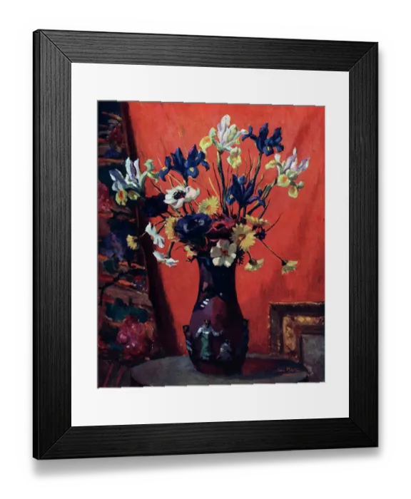 Framed Print : Oil painting of a vase of flowers including blue and white Irises and Daisies. Date: circa 1930 Framed Print : Oil painting of a vase of flowers including blue and white Irises and Daisies. Date: circa 1930