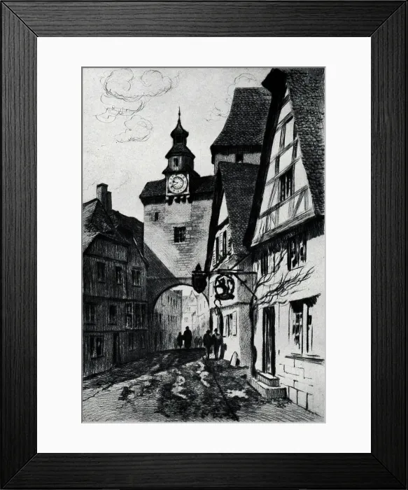 Framed Print : An etching of a busy town, Rothenburg, in Bavaria, Germany. Half timbered houses line the cobblestone lanes going under the clocktower archway. Date: circa 1930 Framed Print : An etching of a busy town, Rothenburg, in Bavaria, Germany. Half timbered houses line the cobblestone lanes going under the clocktower archway. Date: circa 1930