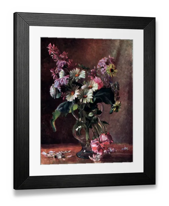 Framed Print : Still life oil painting of flowers including daisies in a large glass vase, with petals spilt out of it. Date: circa 1930 Framed Print : Still life oil painting of flowers including daisies in a large glass vase, with petals spilt out of it. Date: circa 1930