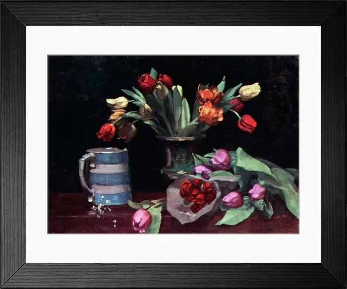 Framed Print : Still life oil painting of a vase of roses in red, yellow and white, with pink ones laid on the table. There is also a blue and white striped jug. Date: circa 1930 Framed Print : Still life oil painting of a vase of roses in red, yellow and white, with pink ones laid on the table. There is also a blue and white striped jug. Date: circa 1930