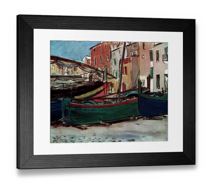 Framed Print : Oil painting showing a number of blue and green boats on the land, one tagged with Port Vendes. Date: circa 1929 Framed Print : Oil painting showing a number of blue and green boats on the land, one tagged with Port Vendes. Date: circa 1929