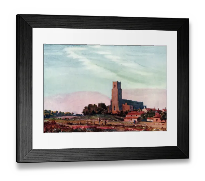 Framed Print : Watercolour landscape painting showing a village of red-roofed houses on a relatively flat countryside landscape, being overlooked by the main focal point, a large church. Date: circa 1930 Framed Print : Watercolour landscape painting showing a village of red-roofed houses on a relatively flat countryside landscape, being overlooked by the main focal point, a large church. Date: circa 1930