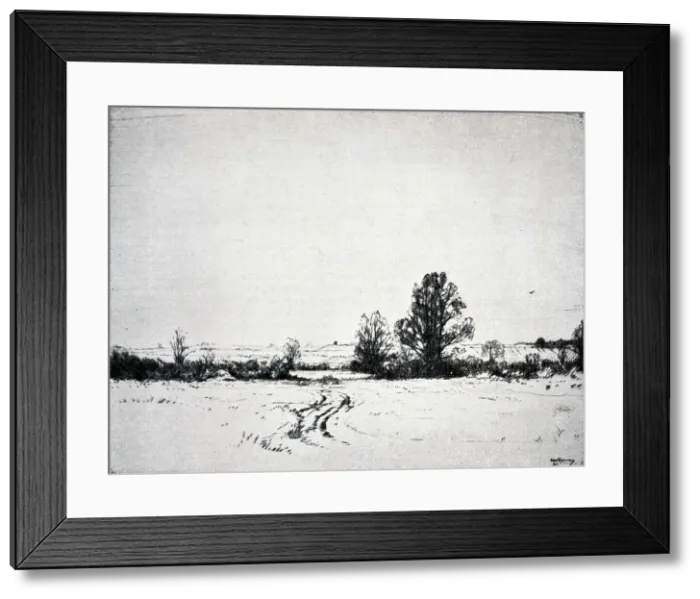 Framed Print : An etching of a flat landscape, with track marks in the foreground. Date: circa 1931 Framed Print : An etching of a flat landscape, with track marks in the foreground. Date: circa 1931