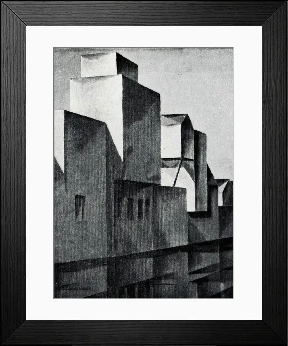 Framed Print : Oil painting showing a very simplistic row of square buildings along a calm, reflective canal. Date: circa 1931 Framed Print : Oil painting showing a very simplistic row of square buildings along a calm, reflective canal. Date: circa 1931