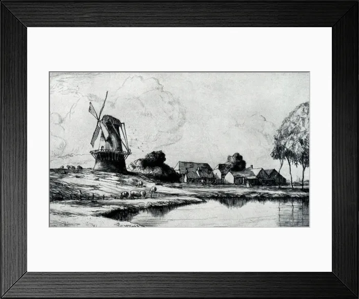 Framed Print : Etching and drypoint combination of a large windmill, stood beside a group of farm houses by a lake. Date: circa 1931 Framed Print : Etching and drypoint combination of a large windmill, stood beside a group of farm houses by a lake. Date: circa 1931
