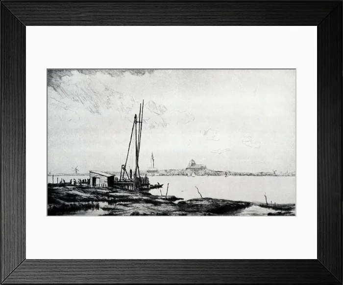 Framed Print : Etching showing a jetty under construction in foreground, town and churches across water. Date: circa 1931 Framed Print : Etching showing a jetty under construction in foreground, town and churches across water. Date: circa 1931