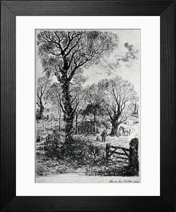 Framed Print : An etching of a shabby countryside, with tall trees and hedges. Two men and a horse can be seen in the distant clearing. Date: circa 1931 Framed Print : An etching of a shabby countryside, with tall trees and hedges. Two men and a horse can be seen in the distant clearing. Date: circa 1931