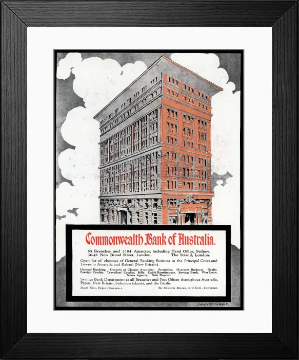 Framed Print : An illustrated advertisement for the Commonwealth Bank of Australia, showing the large business premises, and promoting all kinds of banking services. Date: circa 1921 Framed Print : An illustrated advertisement for the Commonwealth Bank of Australia, showing the large business premises, and promoting all kinds of banking services. Date: circa 1921