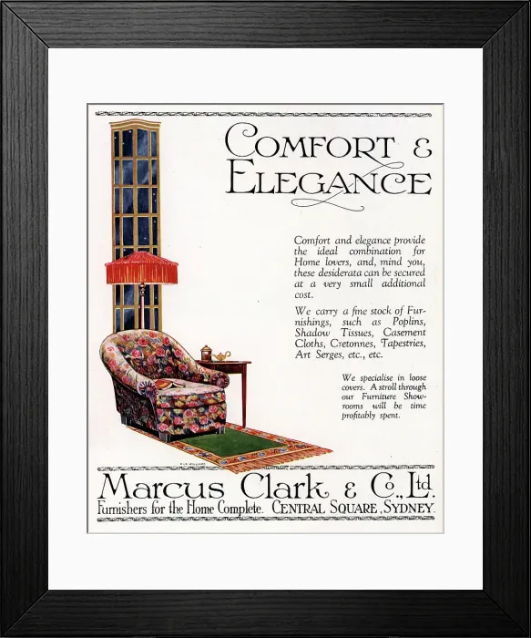 Framed Print : An advertisement illustration for Marcus Clark & Co. Ltd. promoting their stock of fine furnishings for the home that speak of comfort and elegance. The image shows a floral designed arm chair, with standard lamp and side table. Date: circa 1921 Framed Print : An advertisement illustration for Marcus Clark & Co. Ltd. promoting their stock of fine furnishings for the home that speak of comfort and elegance. The image shows a floral designed arm chair, with standard lamp and side table. Date: circa 1921