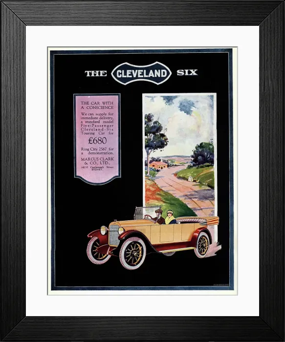 Framed Print : An illustrated advertisement for Marcus Clark & Co, promoting the Cleveland Six, The car with a conscience, the image shows a yellow model of the car speeding down the country lane. Date: circa 1921 Framed Print : An illustrated advertisement for Marcus Clark & Co, promoting the Cleveland Six, The car with a conscience, the image shows a yellow model of the car speeding down the country lane. Date: circa 1921