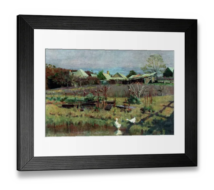 Framed Print : A landscape oil painting showing a settlement of farm houses in the distant background, with a pond in the foreground inhabited by a couple of geese. Date: circa 1921 Framed Print : A landscape oil painting showing a settlement of farm houses in the distant background, with a pond in the foreground inhabited by a couple of geese. Date: circa 1921
