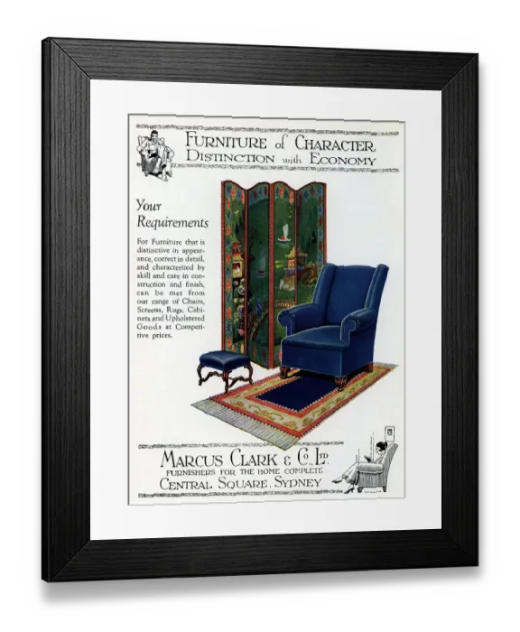 Framed Print : An illustrated advertisement for Marcus Clark & Co, furnishers for the home complete. The illustration shows a matching arm chair and footstool, a rug and a decorative screen. Date: circa 1921 Framed Print : An illustrated advertisement for Marcus Clark & Co, furnishers for the home complete. The illustration shows a matching arm chair and footstool, a rug and a decorative screen. Date: circa 1921