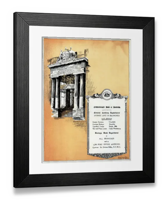Framed Print : An illustrated advertisement which shows the grand entrance to the Commonwealth Bank of Australia. Date: circa 1921 Framed Print : An illustrated advertisement which shows the grand entrance to the Commonwealth Bank of Australia. Date: circa 1921