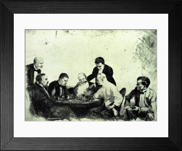Framed Print : An etching depicting a heated game, being played by four gambling men, with three other onlookers. Date: circa 1923 Framed Print : An etching depicting a heated game, being played by four gambling men, with three other onlookers. Date: circa 1923
