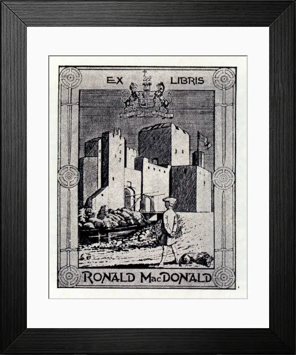 Framed Print : A bookplate design of a young farm boy with sleeping dog, looking at a modern looking castle. Inscribed with the book owner, Ronald MacDonald. Date: circa 1923 Framed Print : A bookplate design of a young farm boy with sleeping dog, looking at a modern looking castle. Inscribed with the book owner, Ronald MacDonald. Date: circa 1923
