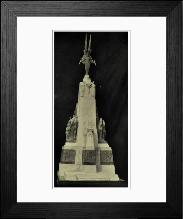 Framed Print : A sculpture design for the Victorian War Memorial, in Victoria, Australia. The image shows a model of the monument, which is topped by a large, winged warrior figure, with men on horseback about half way up Framed Print : A sculpture design for the Victorian War Memorial, in Victoria, Australia. The image shows a model of the monument, which is topped by a large, winged warrior figure, with men on horseback about half way up