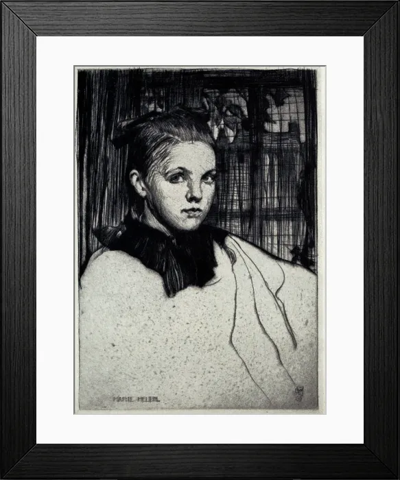 Framed Print : A portrait etching of Marie Helen, a seated girl, looking directly towards the artist. Date: circa 1920 Framed Print : A portrait etching of Marie Helen, a seated girl, looking directly towards the artist. Date: circa 1920