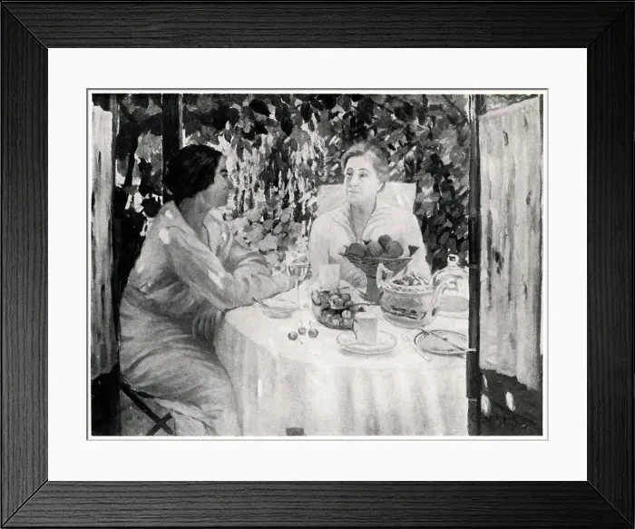 Framed Print : An oil painting showing two women discussing private matters, while having lunch at a table. Date: circa 1925 Framed Print : An oil painting showing two women discussing private matters, while having lunch at a table. Date: circa 1925