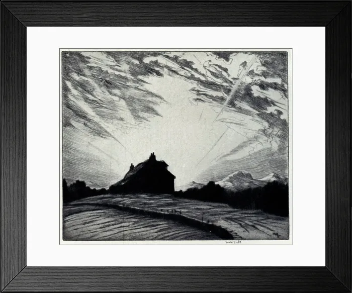 Framed Print : This etching shows a silhouetted form of a house, cast by a glorious sunset on a large Scottish hill. Date: circa 1925