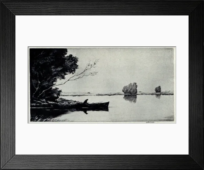 Framed Print : An etching showing the dark shape of a small ferry boat, with a man travelling on it, possibly on a lake in Scotland. Date: circa 1925 Framed Print : An etching showing the dark shape of a small ferry boat, with a man travelling on it, possibly on a lake in Scotland. Date: circa 1925