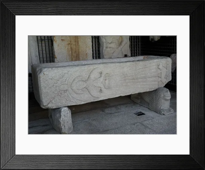 Framed Print : Tomb with depiction of a recumbent female figure and a dog Framed Print : Tomb with depiction of a recumbent female figure and a dog
