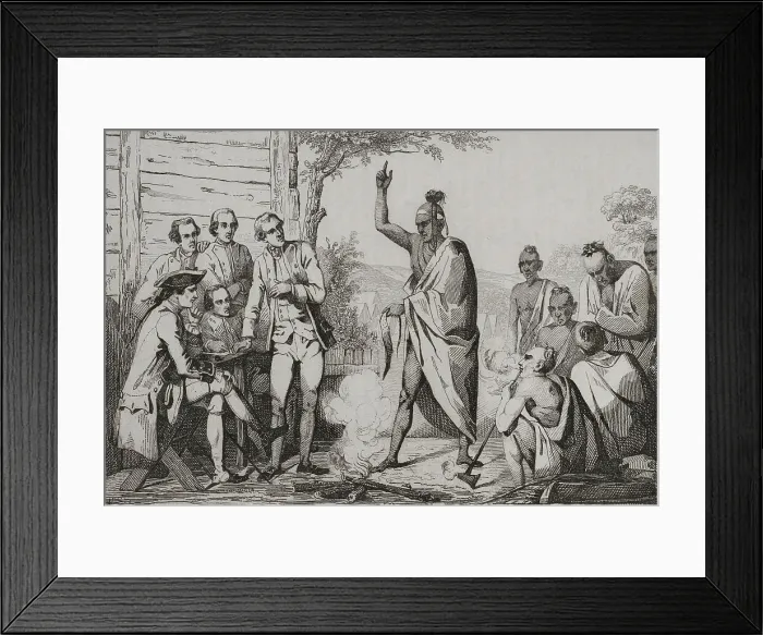 Framed Print : Native American council and conquistadors meeting Framed Print : Native American council and conquistadors meeting