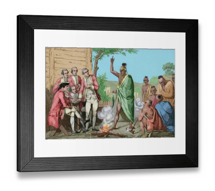 Framed Print : Native American council and conquistadors meet around fire