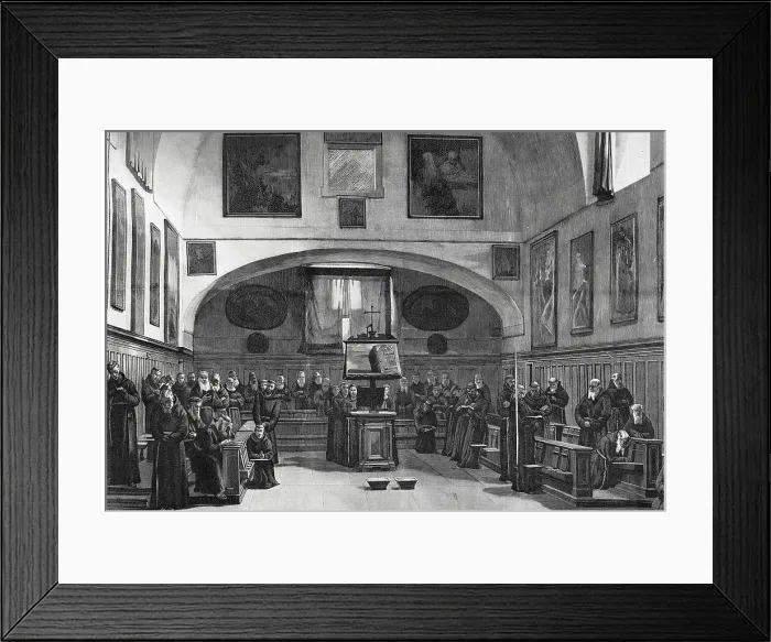 Framed Print : Capuchins in the choir singing vespers. Engraving, 1898 Framed Print : Capuchins in the choir singing vespers. Engraving, 1898