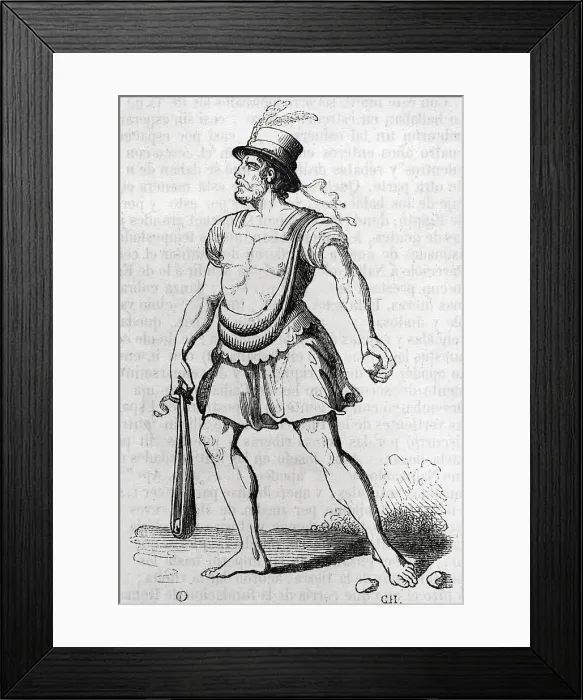 Framed Print : Ancient history. Majorcan slinger. Engraving, 1852 Framed Print : Ancient history. Majorcan slinger. Engraving, 1852