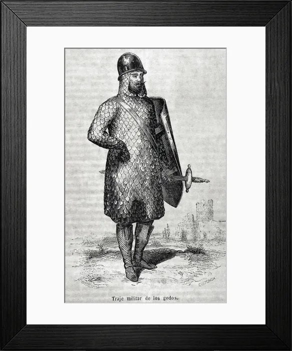 Framed Print : Military costume of the Goths. Engraving by Coderch Framed Print : Military costume of the Goths. Engraving by Coderch