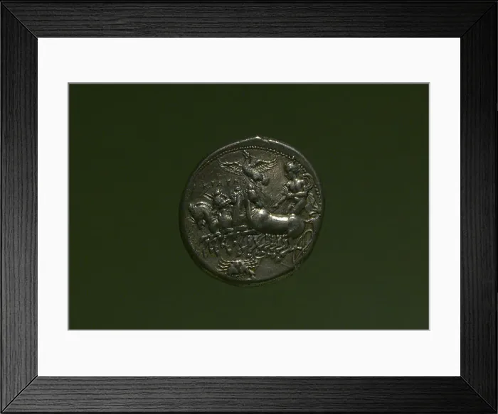 Framed Print : Coin with depiction of a quadriga driven by a charioteer Framed Print : Coin with depiction of a quadriga driven by a charioteer