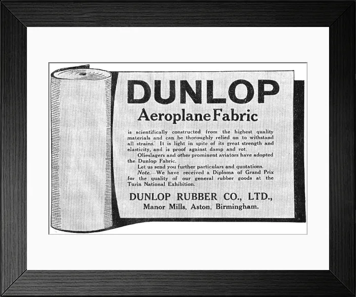 Framed Print : Dunlop Aeroplane Fabrics Are Scientifically Constructed Framed Print : Dunlop Aeroplane Fabrics Are Scientifically Constructed
