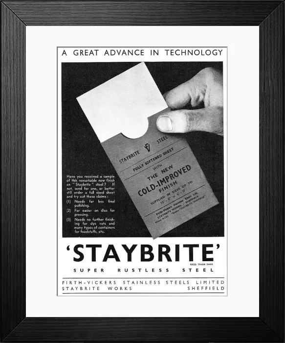 Framed Print : Firth-Vickers Staybrite Stainless Steels Framed Print : Firth-Vickers Staybrite Stainless Steels