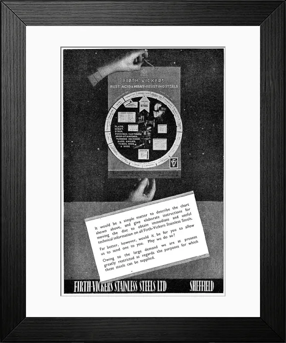 Framed Print : Firth-Vickers Stainless Steels. Specification & Useage Chart Framed Print : Firth-Vickers Stainless Steels. Specification & Useage Chart