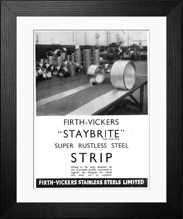 Framed Print : Firth-Vickers Staybrite Stainless Steels 1943 Advert Framed Print : Firth-Vickers Staybrite Stainless Steels 1943 Advert